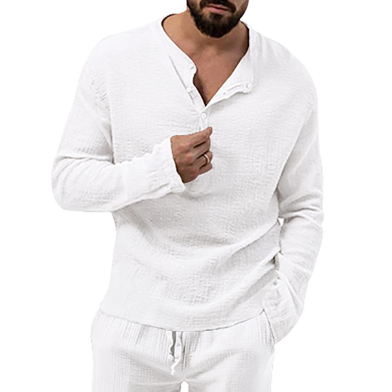 New Autumn Long Sleeve T-shirt Men's Loose Button V-neck Top