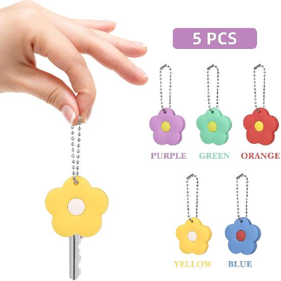 5Pcs Silicone Key Caps, Cute Flower House Key Covers, Identifier Key Protector Caps Tags for Middle Large Key, 1-1.3 inch (Key Length Over 6.3cm)