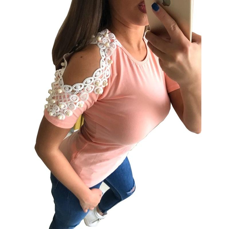 Trendy Women Short Sleeve Off Shoulder Lace Splice Blouse With Comfortable Fit