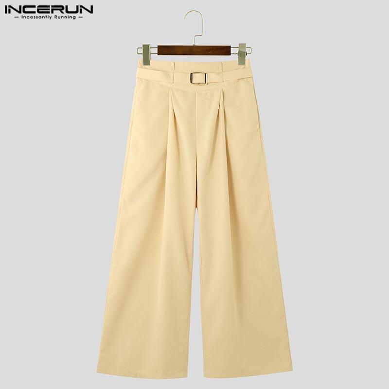 INCERUN Men High Waist Zipper Ruffled Pants Solid Casual Long Trousers Pockets