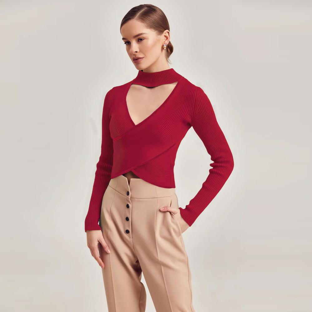 

Осень-зима женский вязаный сексуальный вязаный свитер с высоким воротом и длинными рукавами в рубчик с перекрестным дном, полый вязаный свитер S-XXL