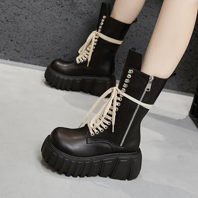 Martin Boots Damen 2025 Herbst und Winter neue mittelhohe Stiefel kleine Höhenerhöhung kurze Stiefel trendige schwarze Muffin-Lederstiefel mit dicker Sohle