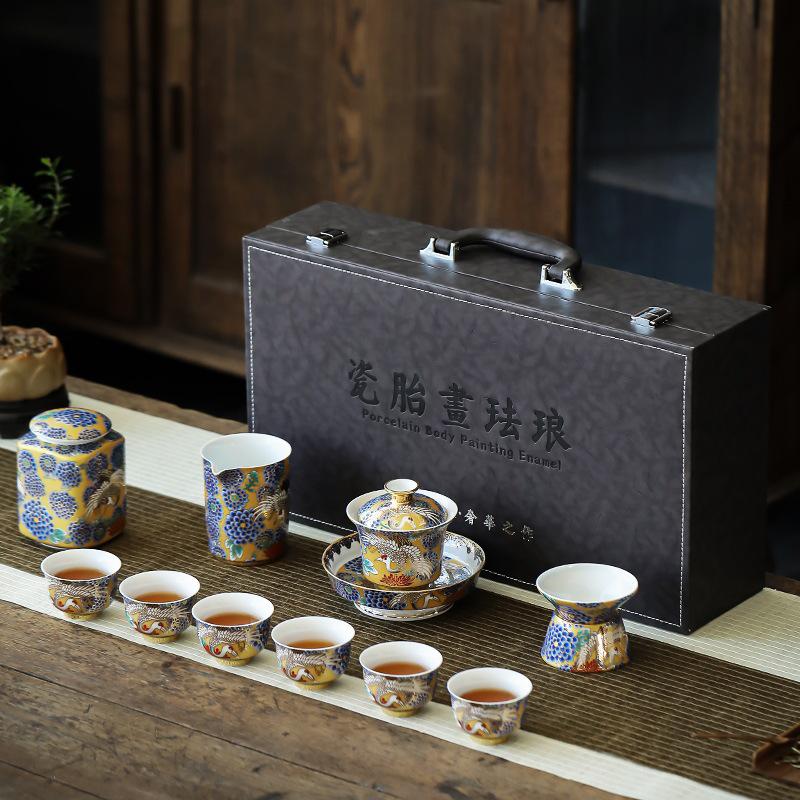 Роскошный керамический эмалированный набор для чая Гайвань с чашками и подарочной коробкой Crane Message Tea Set