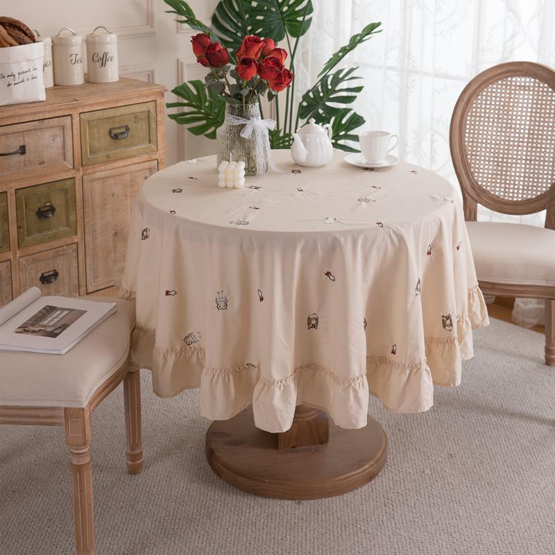 Light Luxury Cotton Apricot Embroidered Flowers And Plants Animal Skirt Pleated Lotus Leaf Edge Round Coffee Table Tablecloth Dining Table Cloth