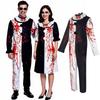 Costume da Clown Bianco e Nero con Blocchi di Colore Metà e Metà e Stampa a Macchie di Sangue Tuta Vestito Costumi per Feste di Halloween