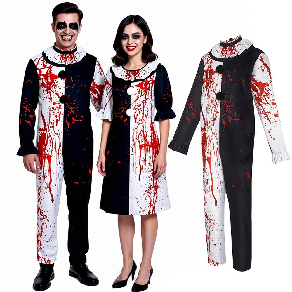 Costume da Clown Bianco e Nero con Blocchi di Colore Metà e Metà e Stampa a Macchie di Sangue Tuta Vestito Costumi per Feste di Halloween