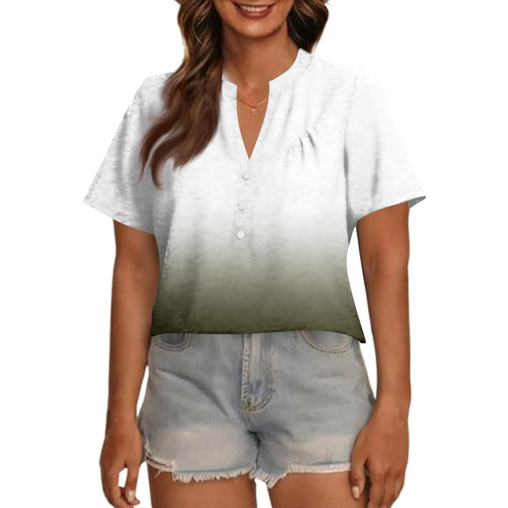 Women's Fashionable Casual V Neck Button Up Oversized Short Sleeve Printed Top