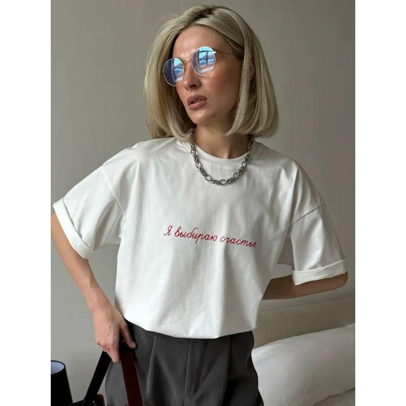New Fashion T-shirt European and American New Fashion Casual Loose round Neck Print Letters Cotton T-shirt Top