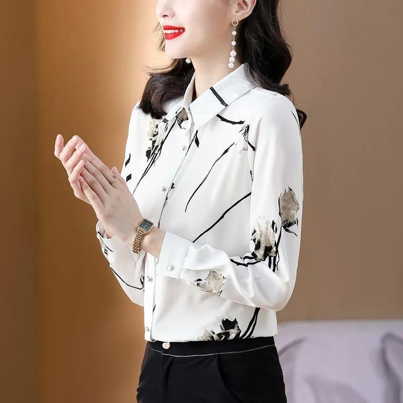 Women's Ink Flower Print Long Sleeve Chiffon Button Down Shirt