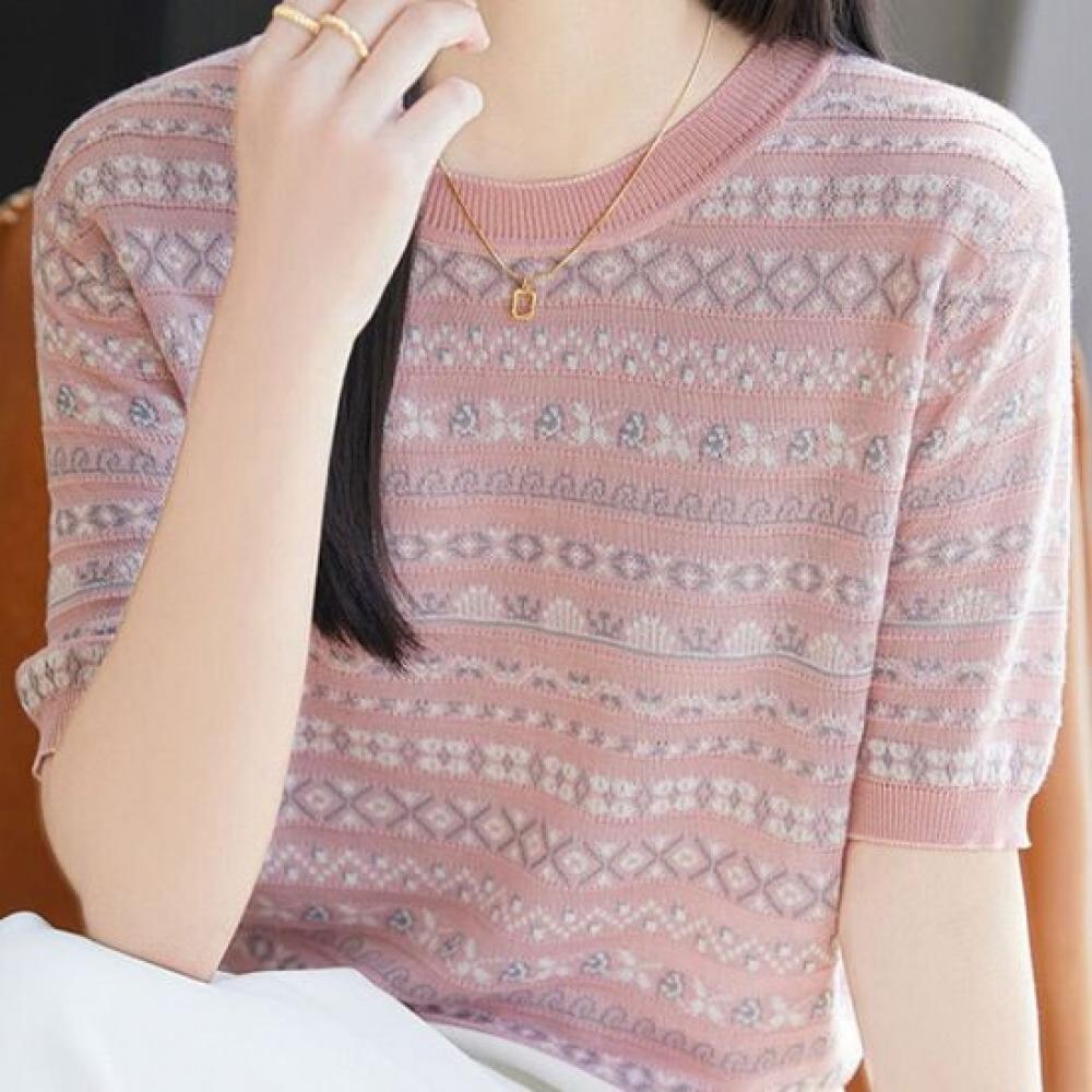 Navava Women Retro Pattern Ice Cool Round Neck Short Sleeve Knit Tee Nk3720
