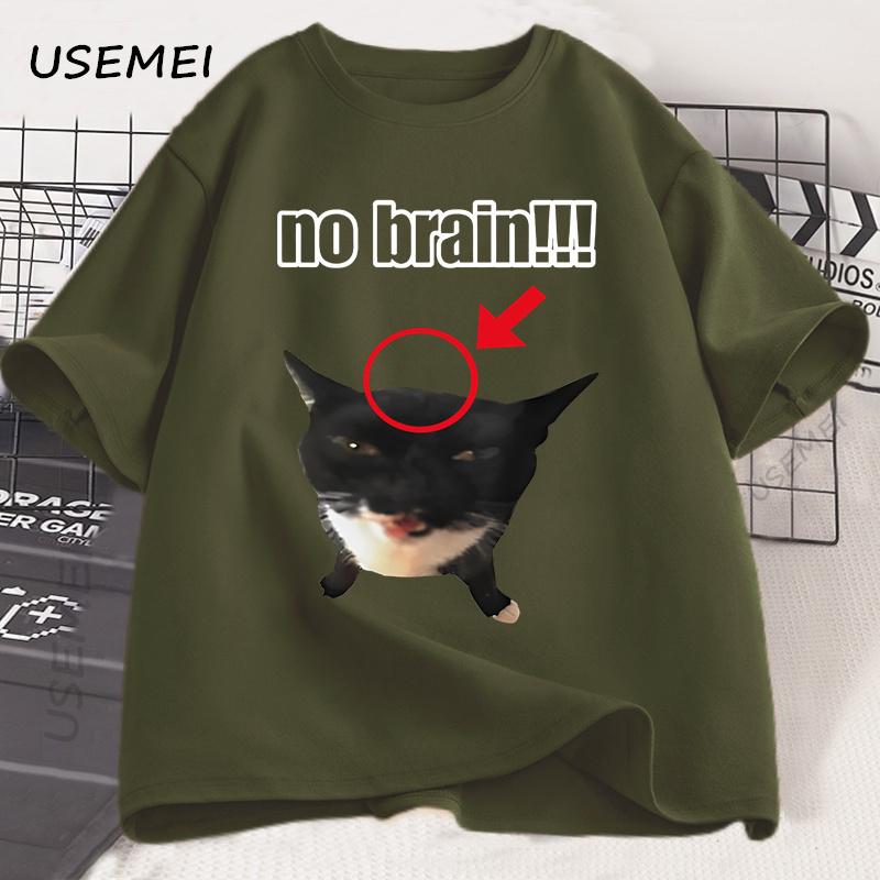 No Brain Cat T-Shirt Funny Unisex Tee Cat Lovers Joke Humor Cute Kawaii Tshirt Male Casual Short Sleeve Tees Mens Clothing