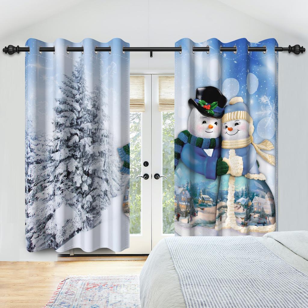 Winter Snow Scenery Blackout Curtains Snowman Pine Forest Pattern Bedroom Living Room Darkening Noise-reducing Window Curtain
