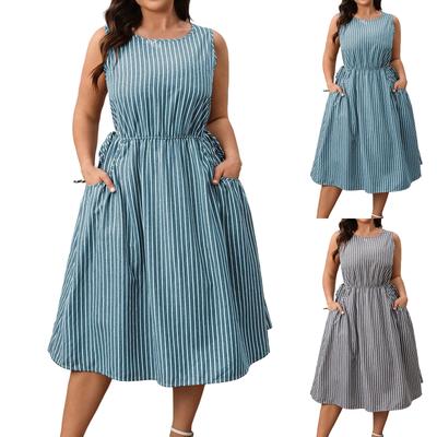 Dámské Móda Plus Size Ležérní Volné Pruhované Bez rukávů s Kapsou Kulatý Výstřih Šaty