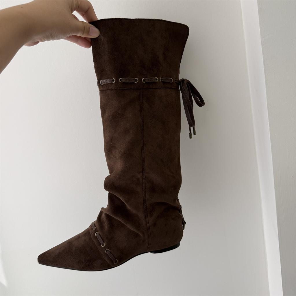 Inner Height Increase Pointed Suede Pile Long Boots Women's Shoes 2025 New Autumn and Winter Thin Medium Tube Knight Boots