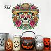 Décoration de Fête Latino-Américaine Autocollant Mural Crâne Fleuri, Décorations Imperméables d'Extérieur pour le Jour des Morts Autocollants pour Vitres, PVC Amovible