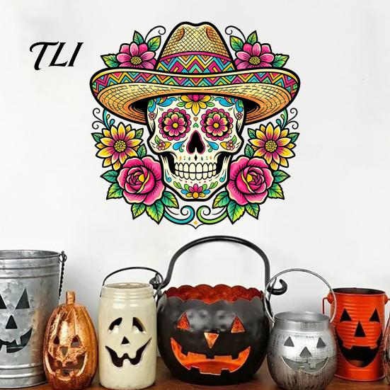 Décoration de Fête Latino-Américaine Autocollant Mural Crâne Fleuri, Décorations Imperméables d'Extérieur pour le Jour des Morts Autocollants pour Vitres, PVC Amovible