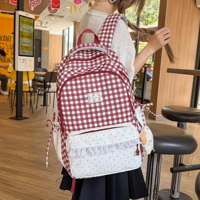 Schultasche Koreanischer süßer Stil Mädchen Mittelschultasche Karierter Rucksack Mittelschüler Spitzen-Design Gefühl Rucksack