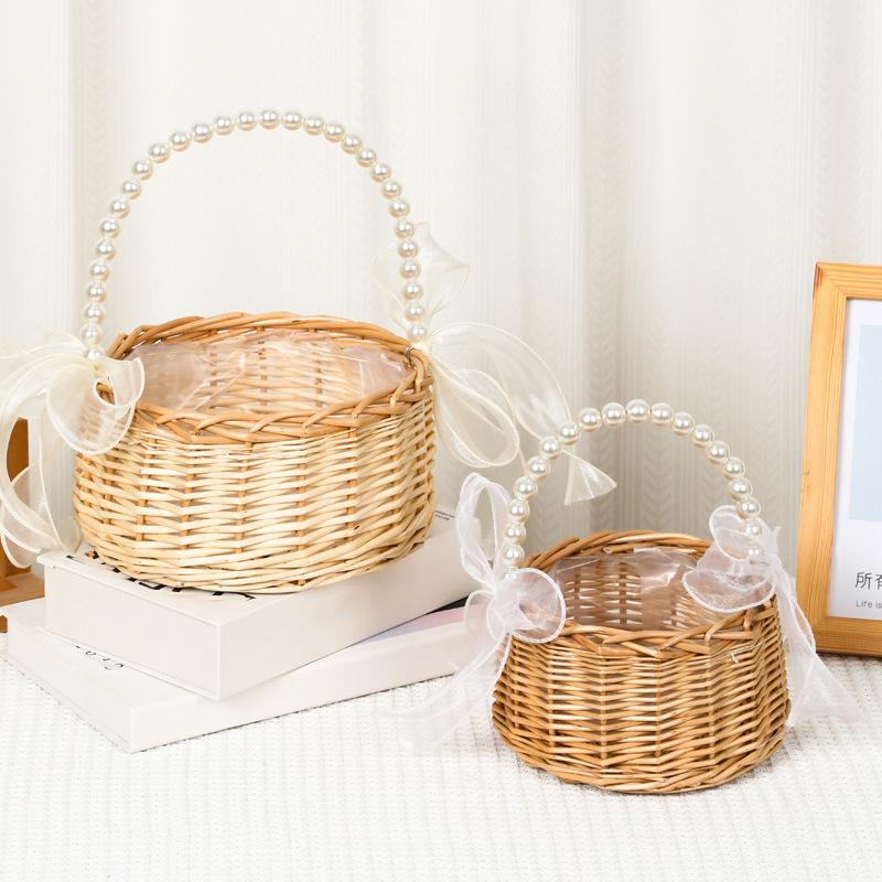 Weave Basket Handheld Present Basket Vine Woven Flower Basket Fruit Plant Baskets Sundry Organizer Diy Flowers Present Storage Holder