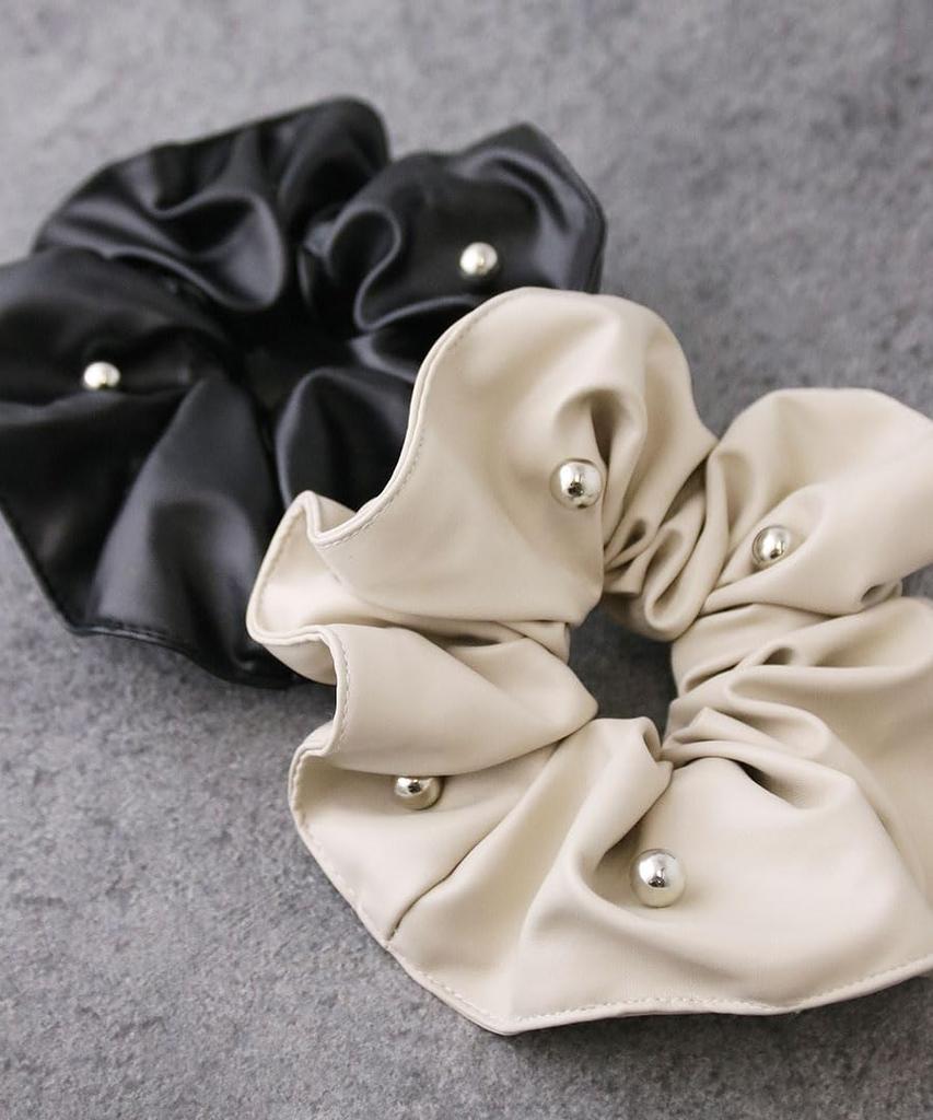 VINGTAINE Faux Leather Scrunchie with Metal Simple Hair and Casual for Adults Ball, Voluminous, Accessory, Cute, Stylish, (HS-197-IV)