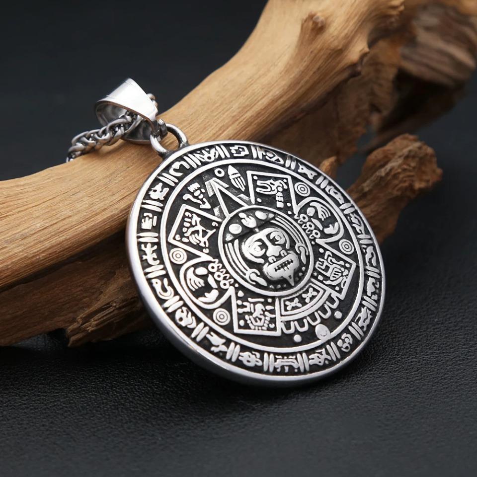 Vintage Ethnic Black Pattern Mayan Symbol Pendant Necklace For Men Stainless Steel Fashion Biker Heavy Jewelry