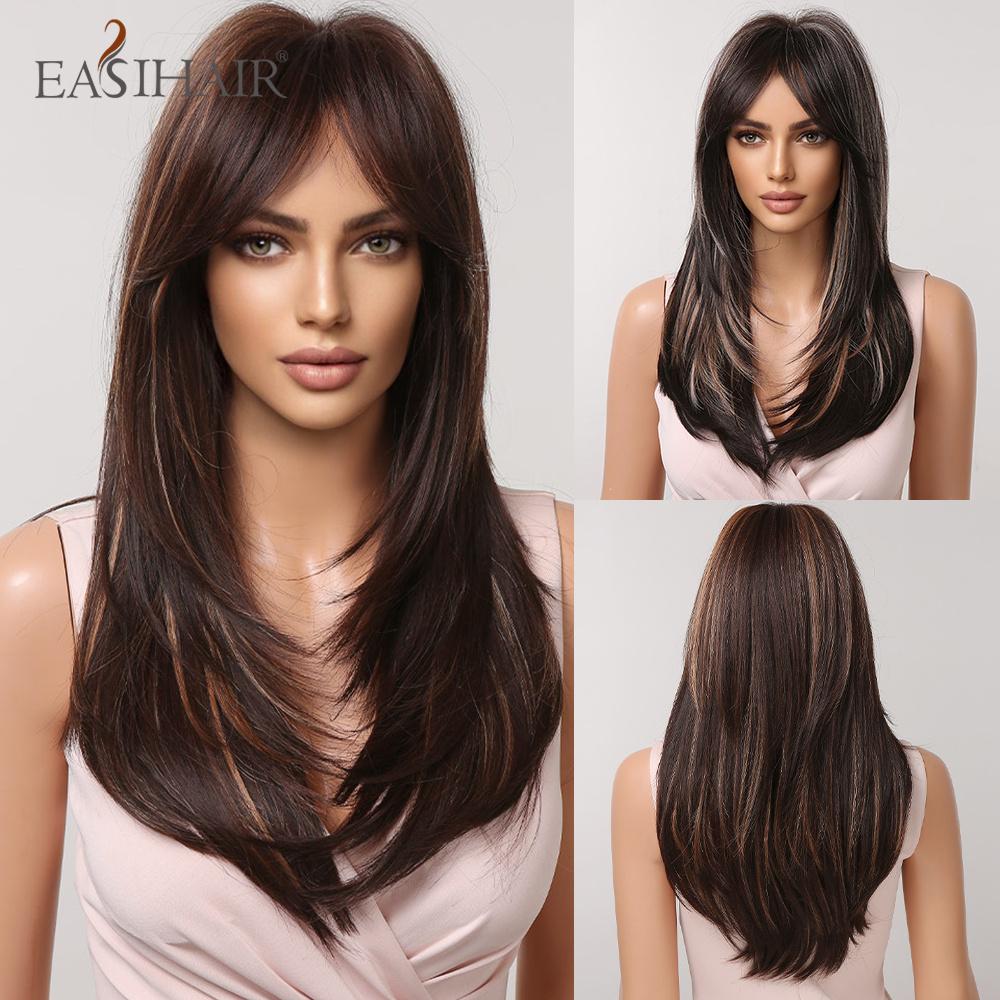 EASIHAIR Dark Brown Black Synthetic Wigs with Bangs Medium Straight Layered Natural Hairs for Women Daily Cosplay Heat Resistant