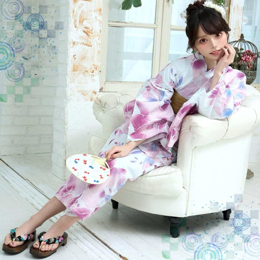 RAVIR Yukata White Gradient Floral Fluffy Obi and Geta One Size Fits All Women's 3-Piece Set, Print, Belt, Sandals, Pink,