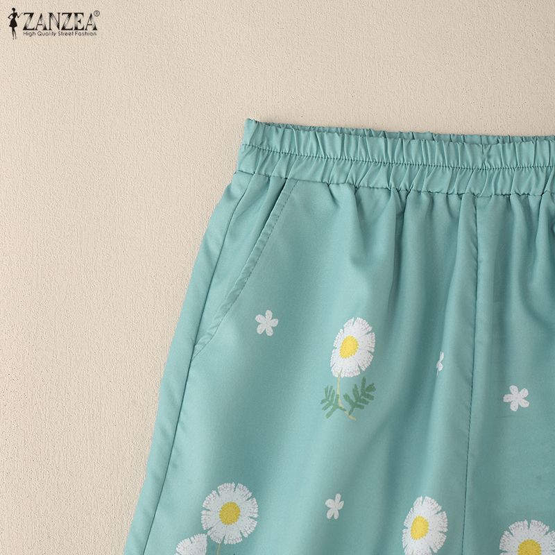 ZANZEA Women Summer Elaatic Waist Loose Casual Floral Croppe Pants