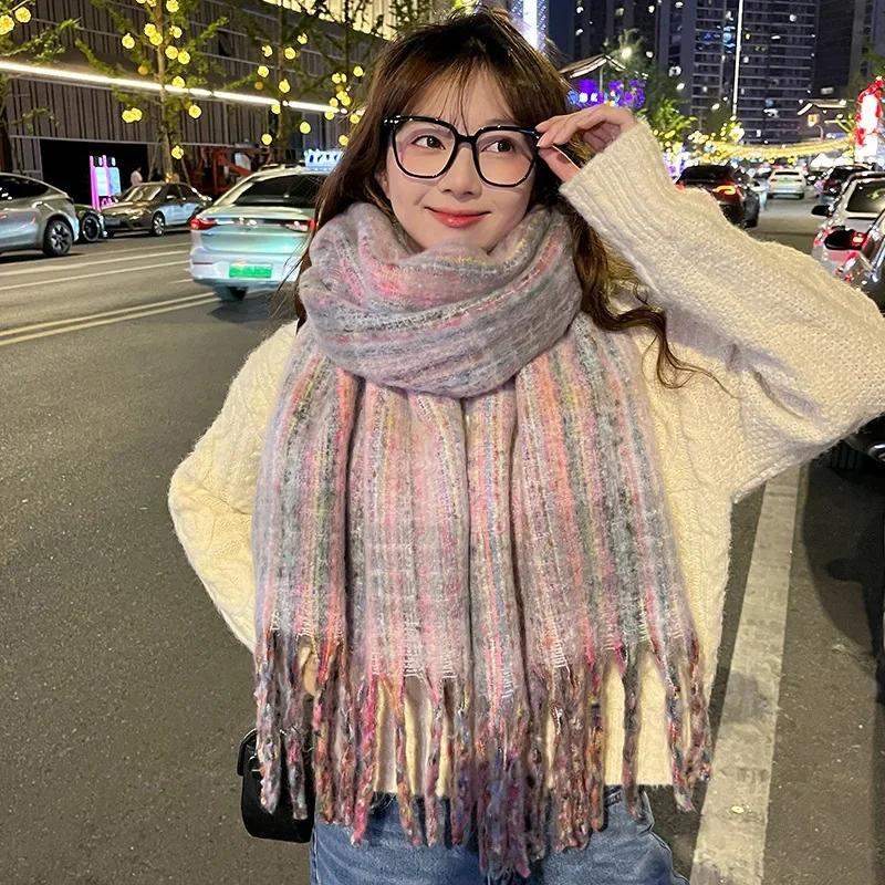 Chic Design Plaid Mohair Scarf Women Korean Version Streetstyle Imitation Cashmere Muffler Female Warm Soft Thick Shawl Ladies