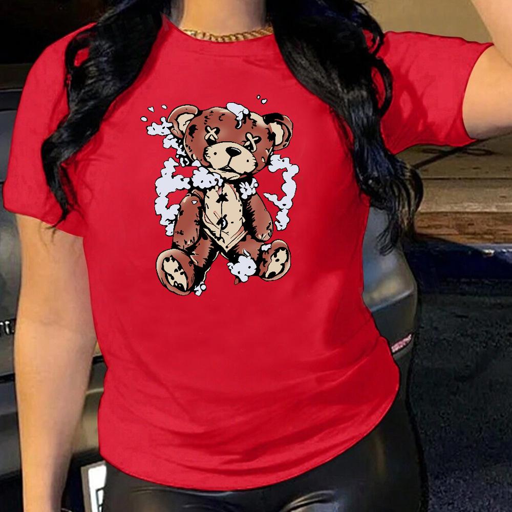 Cartoon Bear Cotton T-Shirt Short Sleeve Soft Tee Round Neck Women 2d Print Tops