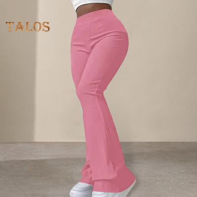 Women Wide-Leg Bootcut Pants Elastic High Waist Solid Color Ribbed Trousers Solid Color Design Flared Pants