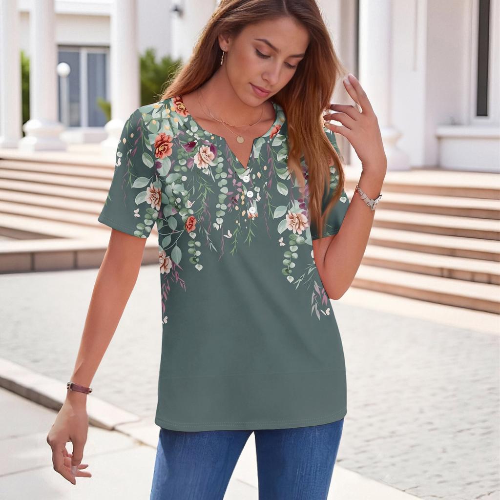 Sommer Oberteile für Damen Knopfleisten Blusen für Damen Elegant Lässig V-Ausschnitt T-Shirts