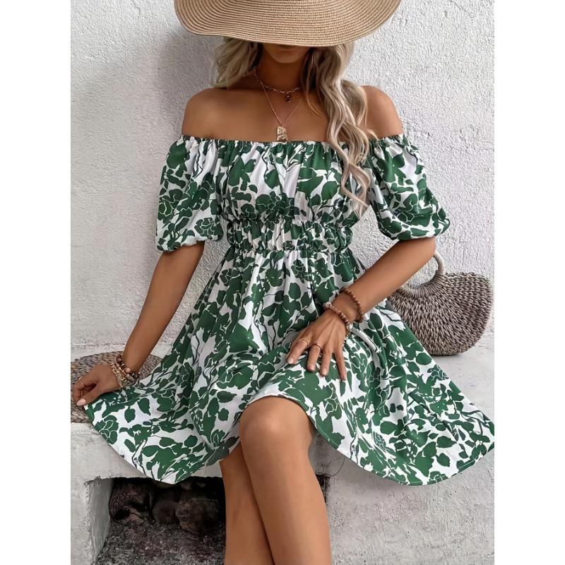 Mode Sommer Bedrucktes Lässiges Schulterfreies Kleid Kurzärmlig Locker Lässig Schlichtes A-Linien Party Kurzkleid Slim Fit Elegant Urlaubskleidung