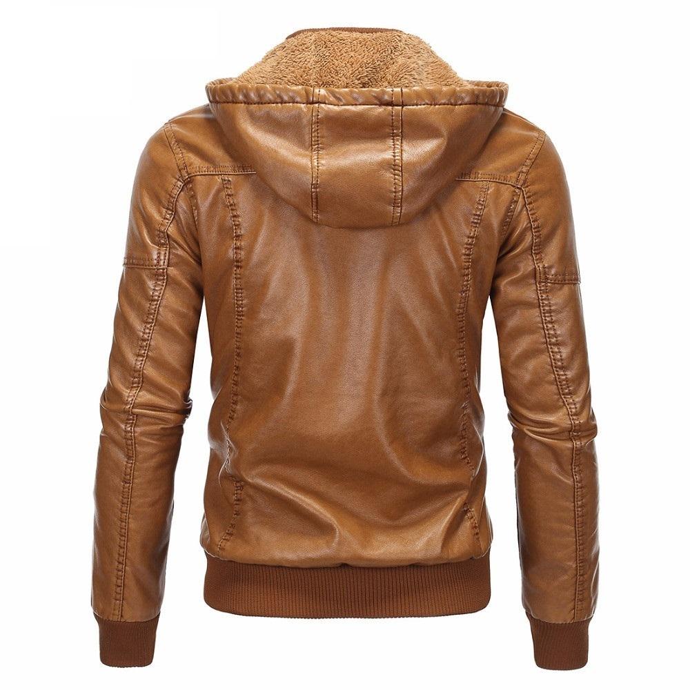 Spring and Autumn Winter Plus Size Men's Zipper Medium Long Hooded Plus Thin Velvet Comfortable PU Jacket Casual Leather Jacket Outerwear