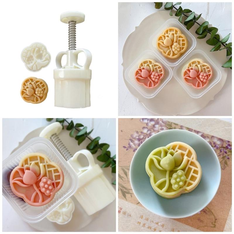 Ergonomic Handle Stamp Set Durable Mooncake Molds Lotusflower Shaped ABS Material Perfect Gift for Pastry Enthusiasts