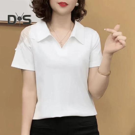 Femei topuri rever mânecă scurtă culoare solidă lejeră tricou dantela gol cu ​​mânecă scurtă pulover de vară topuri purtare zilnică