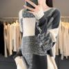 Women's Color Block Plaid Wool Sweater - Round Neck, Thickened Loose Fit, Cashmere Knit Base Layer for Autumn/Winter.