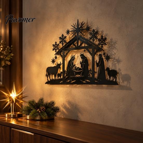 Iron Wall Hanging Art Nativity Scene Silhouette Decoration, Metal Manger Ornament for Indoor Waterproof Christmas Yard Sign and Outdoor Home