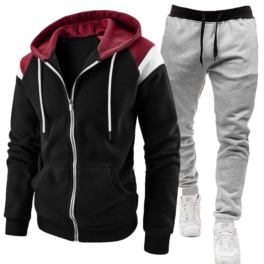 Men's Color Block Hooded Sweatshirt and Casual Sports Set