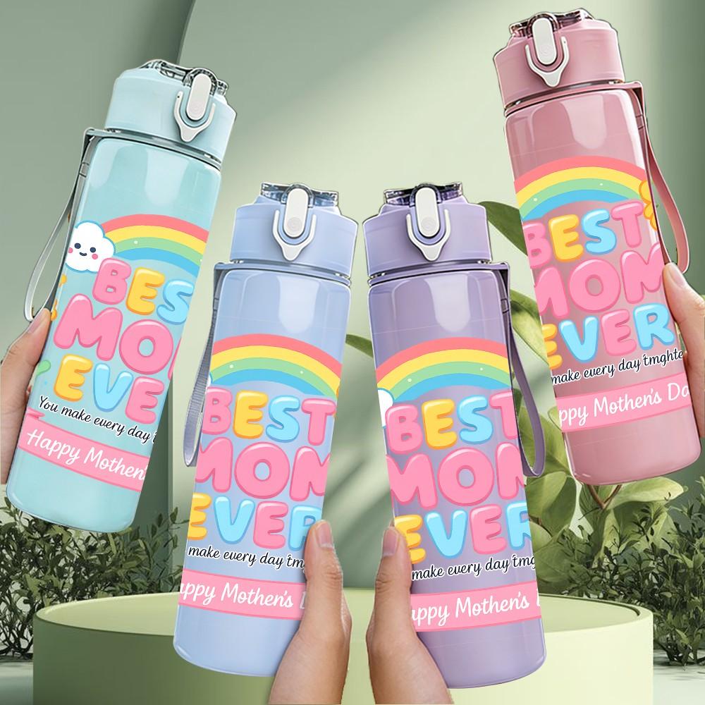 1PC Rainbow Dream Sweet Text Pattern 750ml Color Plastic Sports Water Bottle Leakproof Flip Straw Lid Suitable for Sports Office Home Use