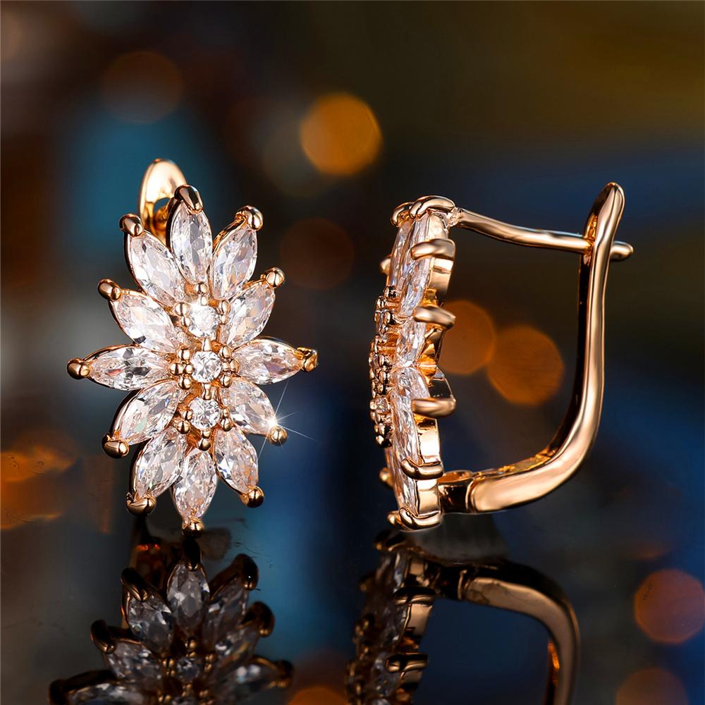 1 Pairs Fashion White Zircon Flowers Hoop Earrings Luxury Golden Color Wedding Jewelry Gifts