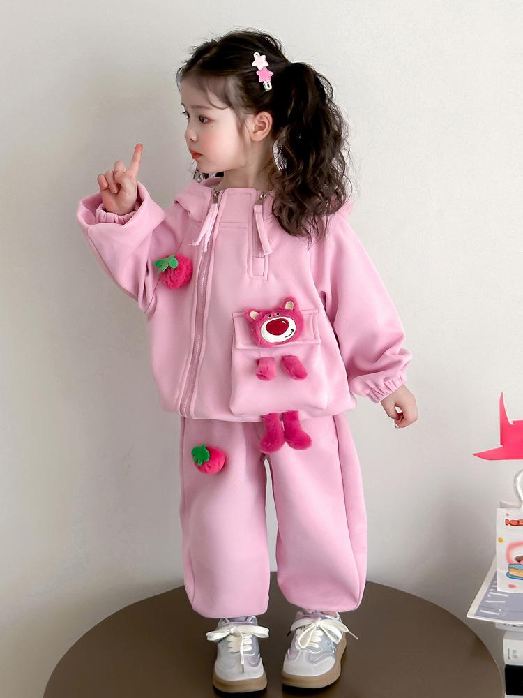 Strawberry Bear Kuromi Trendig tvådelad huvtröja för flickor - Vår/Höst 2025