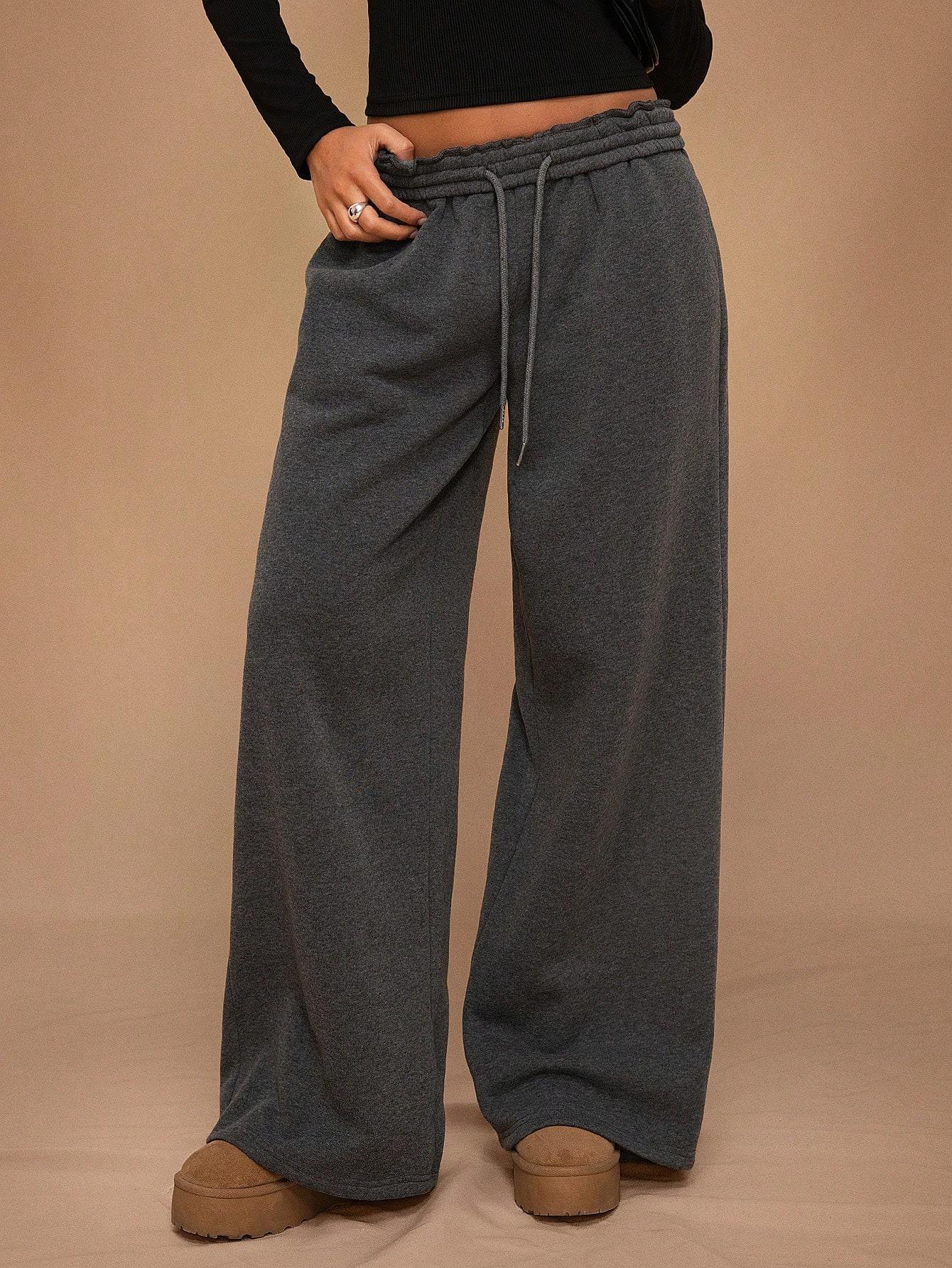 

High Waist Wide Leg Casual Pants with Drawstring Waist in Multiple Colors L темно-серого