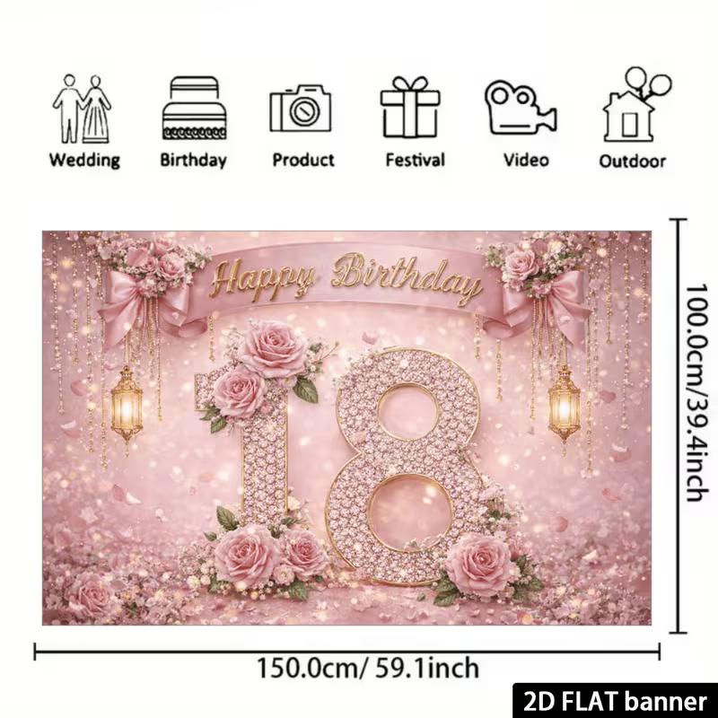 2D Pink 18th Birthday Backdrop Photo Booth Props with Sparkles