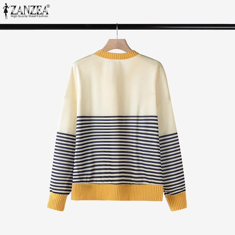 ZANZEA Womens Round Neck Long Sleeve Casual Stripe Blouse