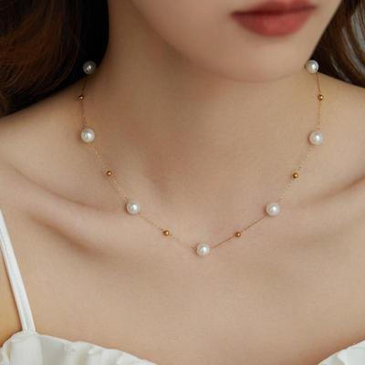 Set Colier Titan cu Perle și Mărgele Aurii Stil Franțuzesc Light Luxury pentru Femei - Lanț Elegant Claviculă Stil Super Zână