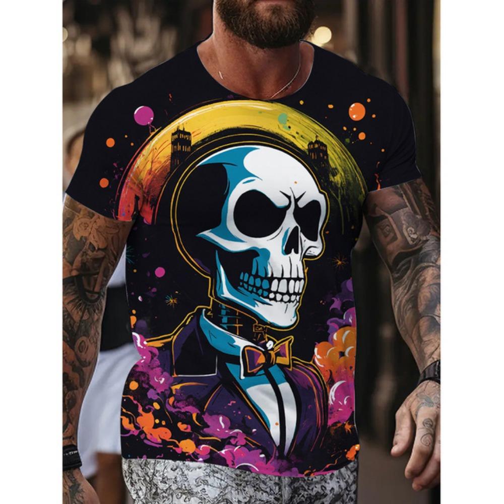 New Men's Fun Skull Pattern T Shirt Suit Mob Skull Print Short Sleeve Summer Casual Loose Round Neck T Shirt Breathable Top