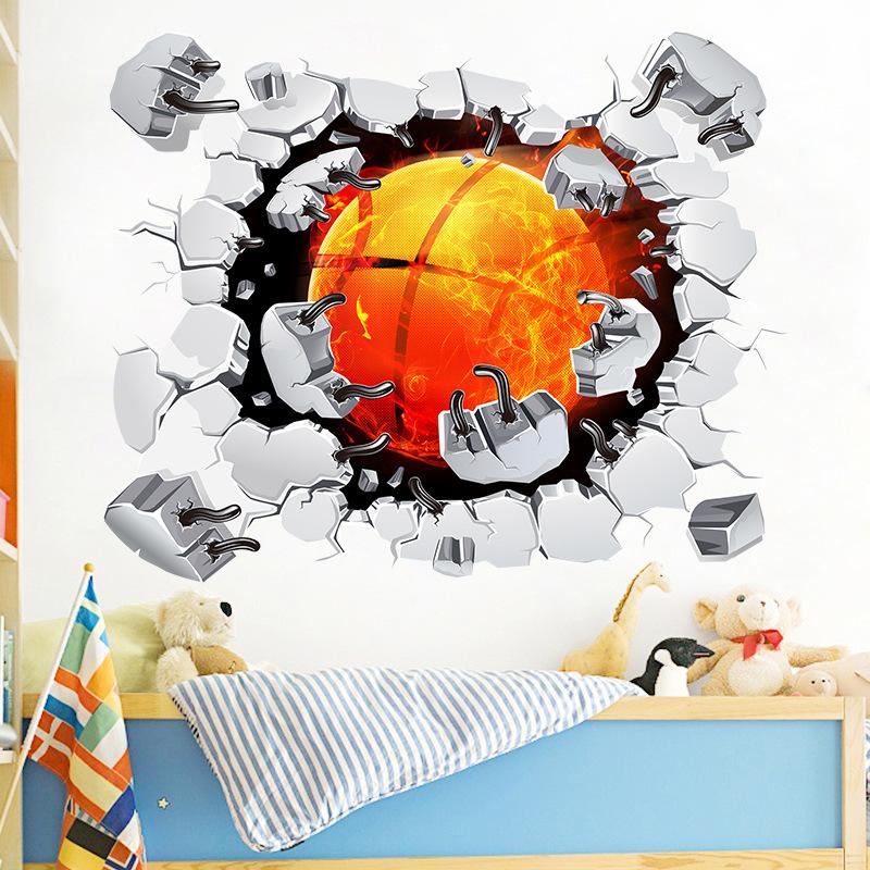 Creative Sport Poster 3D Flame Basketball Broken Wall Hole Art Vinyl Mural Stickers Self Adhesive Home Decoration For Kids Room
