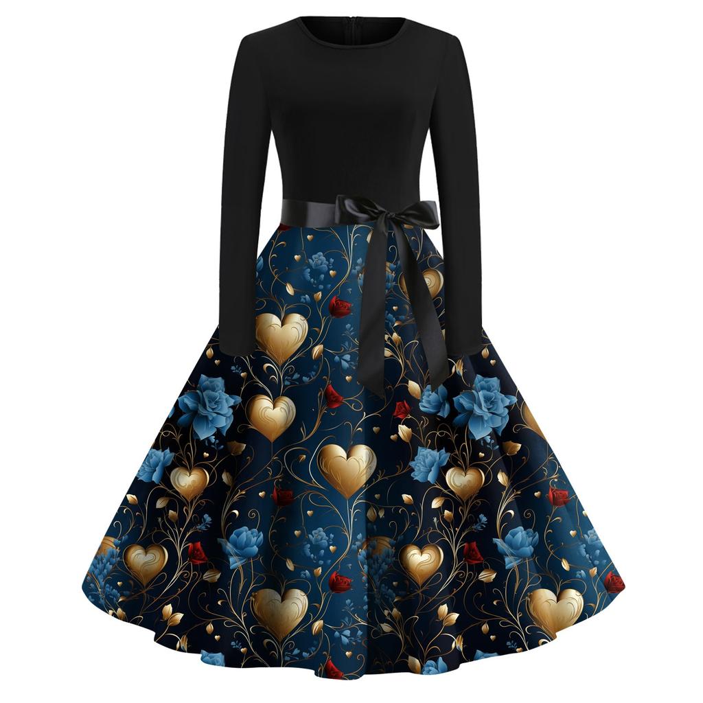 Women's Printed Round Neck Big Hem  Skirt Pleated Skirt Long Sleeved Dress Dress