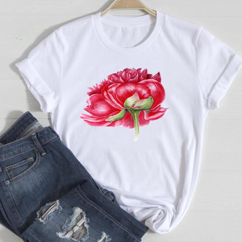 (European Size) 90s Cute Women Print Tee Flower Trend Trend Sweet Top Clothing Fashion Tshirt Lady Female Casual Short Sleeve Graphic T-shirt