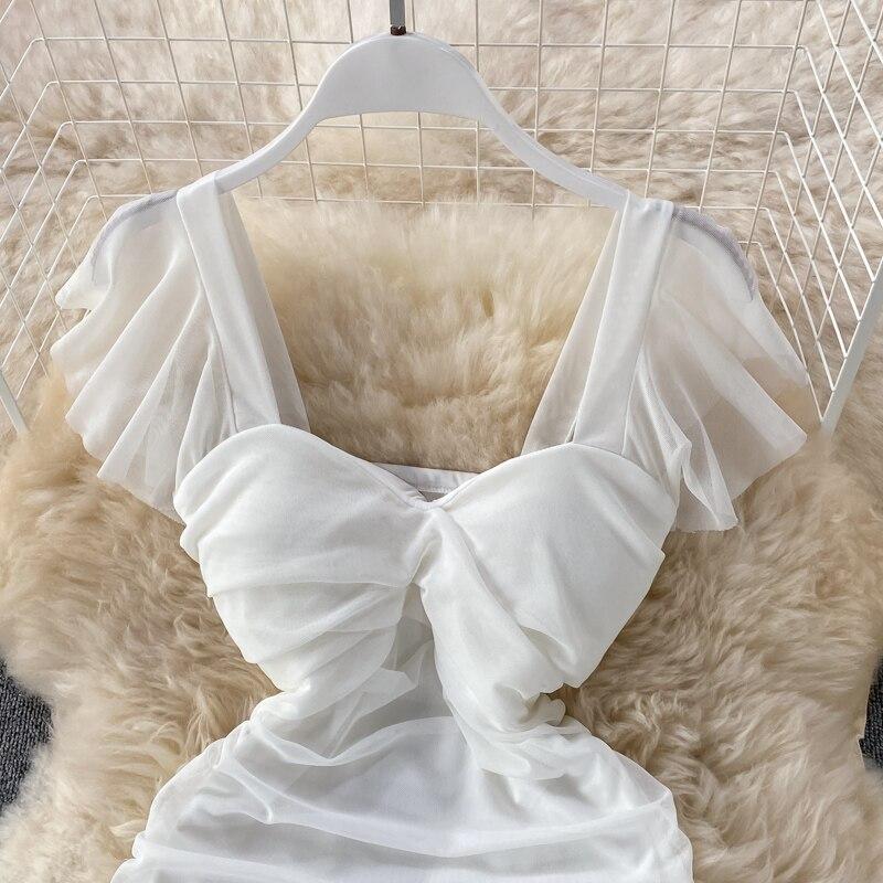 Sexy Short Sleeved High Waist Slimming Pleated Square Collar Wrapped Hip Dress